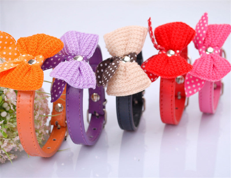 Knit Bowknot Adjustable PU Leather Pet Collars